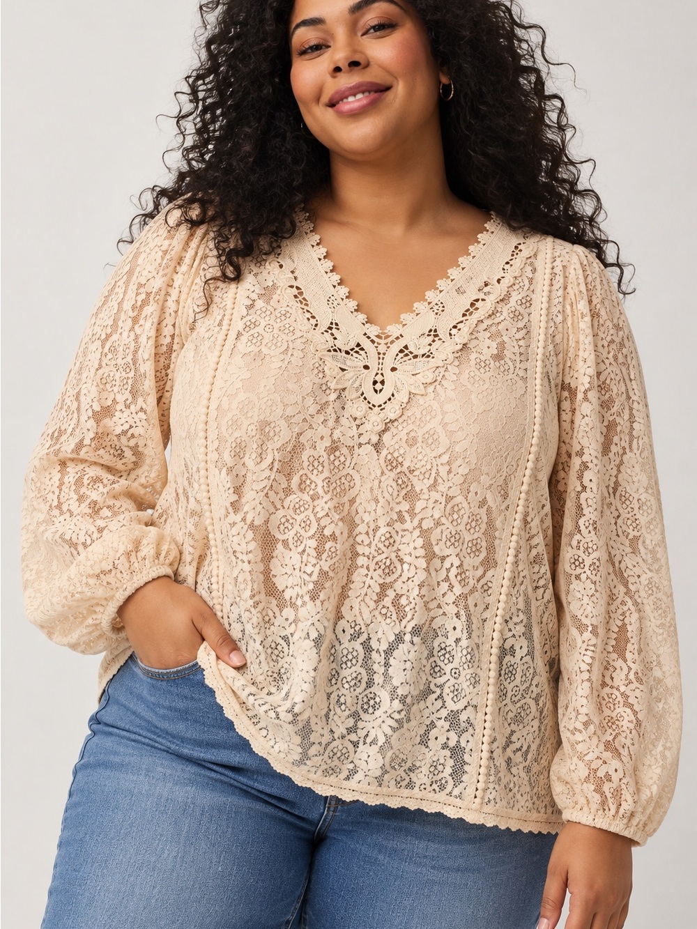 Torrid Lace Mix Long Sleeve Blouse Ivory Cream Floral Boho Plus Size 3 3X